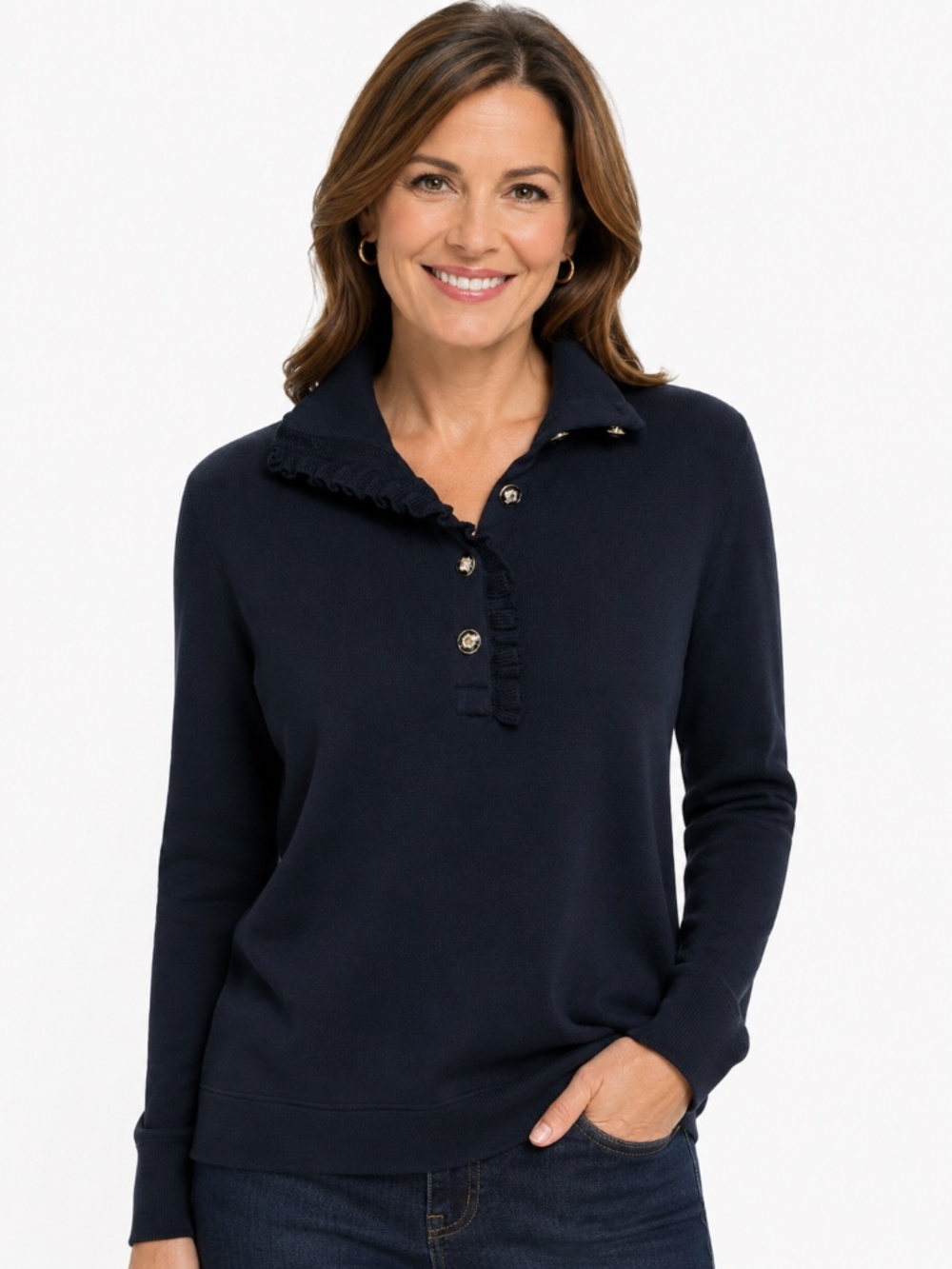 Talbots Black Ruffle Placket Mockneck Pullover 100% Cotton Sweater M academia